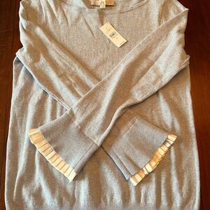 LOFT Women's Light Blue Crew Sweater with pleat accents on sleeve cuff
